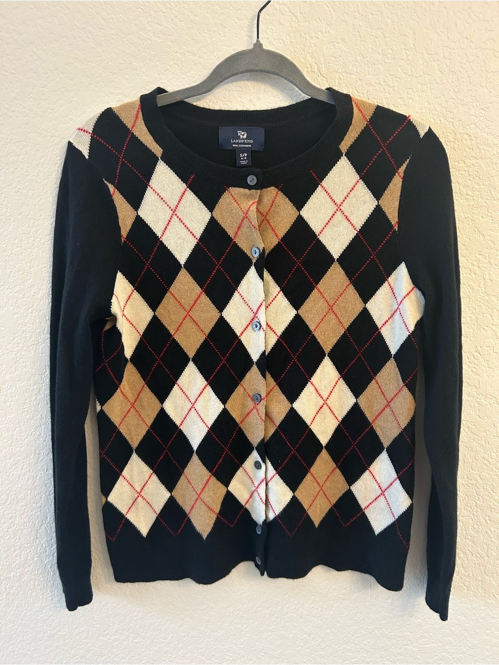 Lands End Black Beige Sweater Cardigan 100% Cashmere Argyle sz Small Petite